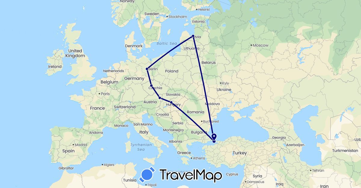 TravelMap itinerary: driving in Austria, Czech Republic, Germany, Hungary, Latvia, Turkey (Asia, Europe)